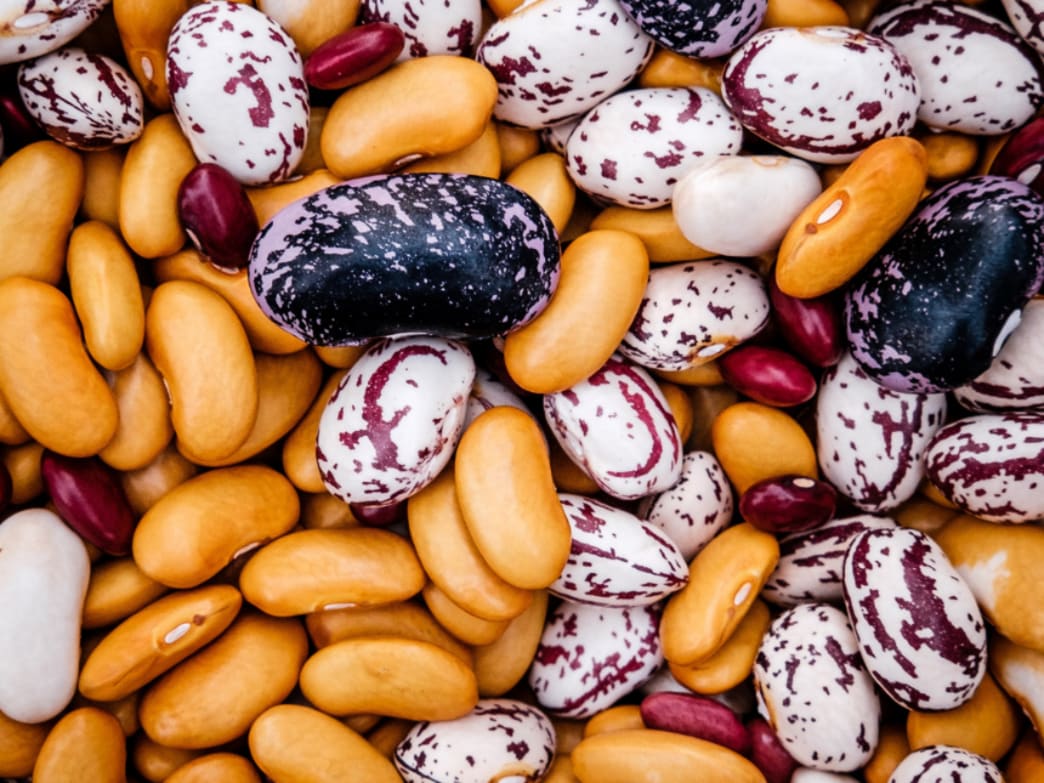 A variety of beans including pinto, black, and yellow beans, representing fiber-rich foods.