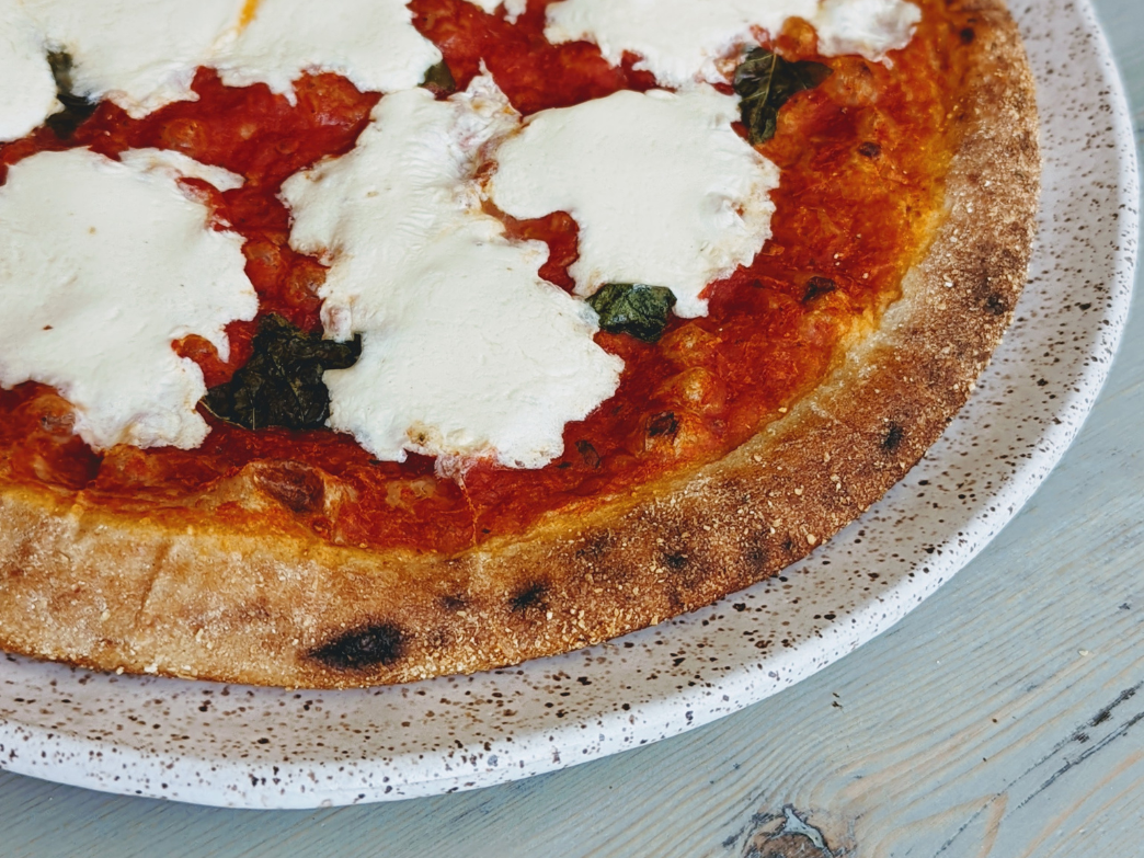Close-up of a Margherita pizza with mozzarella and basil on a speckled plate