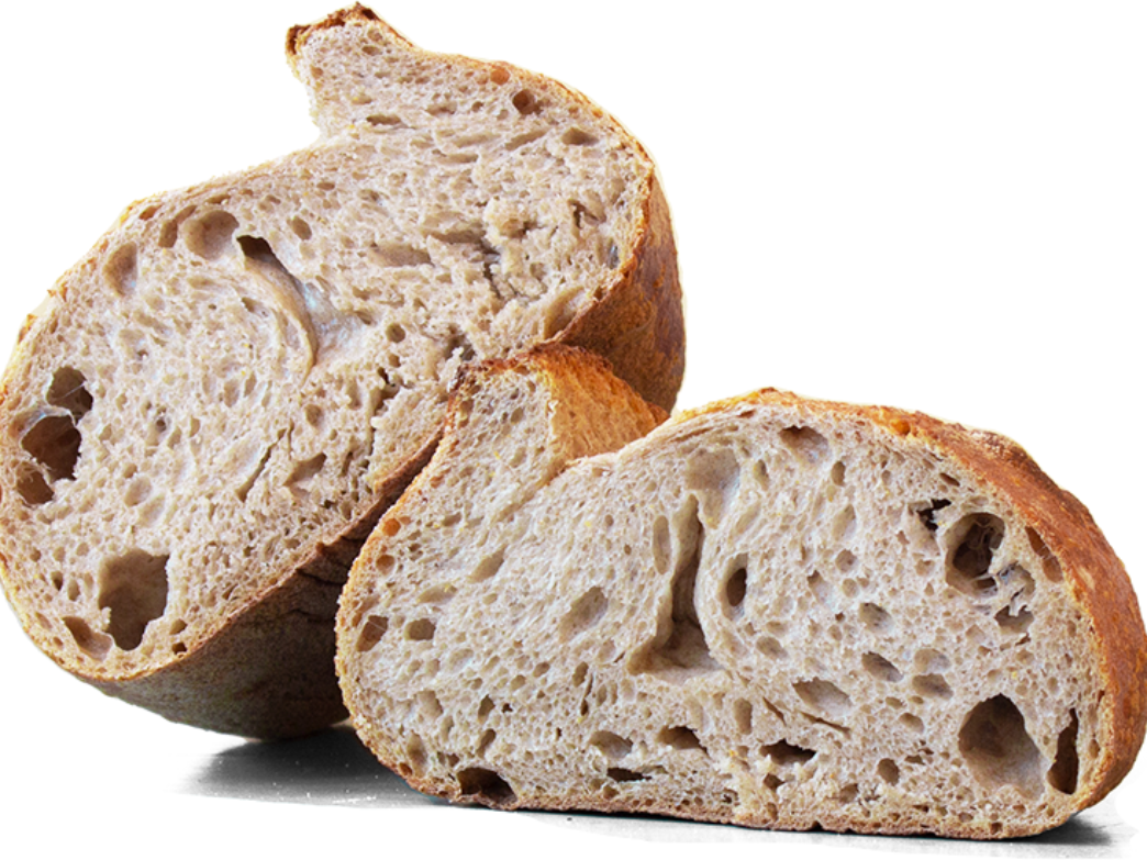 Close-up of sliced whole grain bread with a crusty exterior and airy texture.