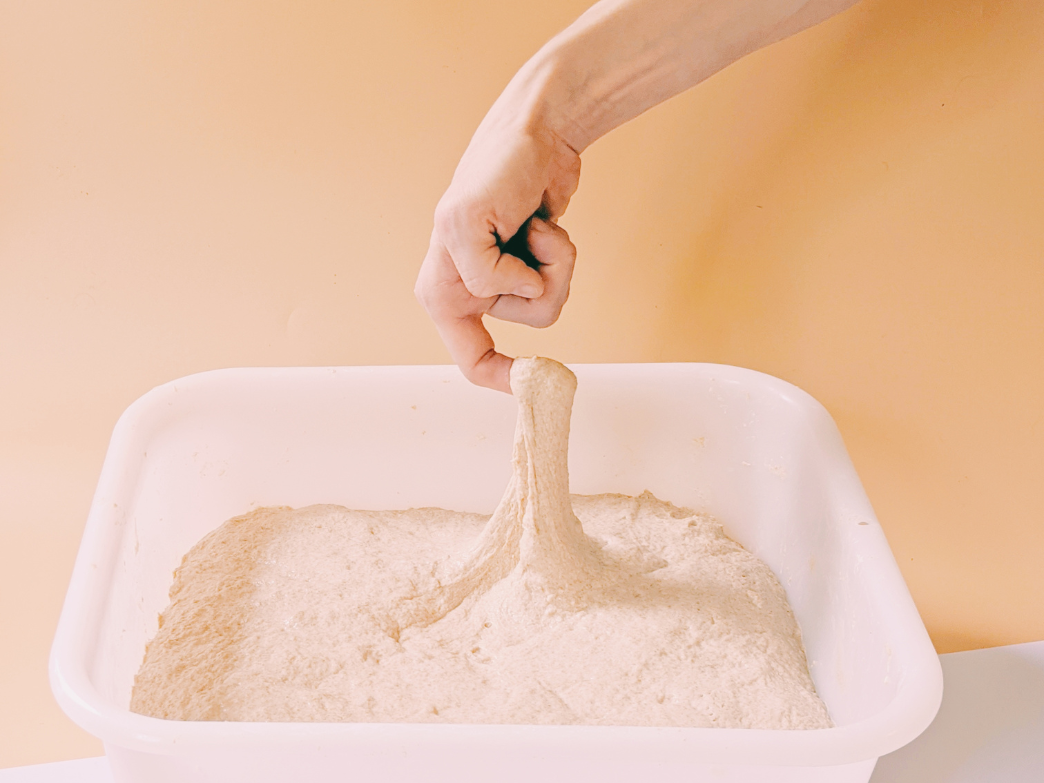 A hand pulling fermented dough from a bowl against a beige background.