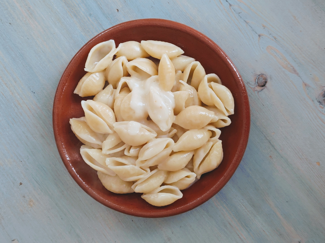 A bowl of dairy-free pasta shells with a creamy sauce