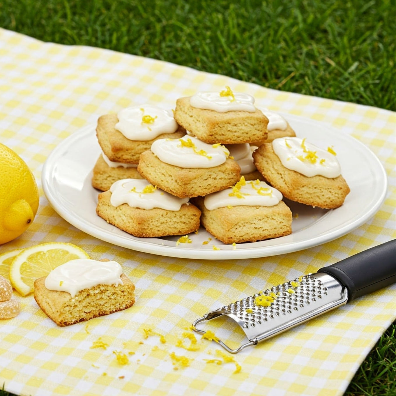Plate of Lemon Ginger Biscuits topped with icing and lemon zest, with a lemon and zester nearby.