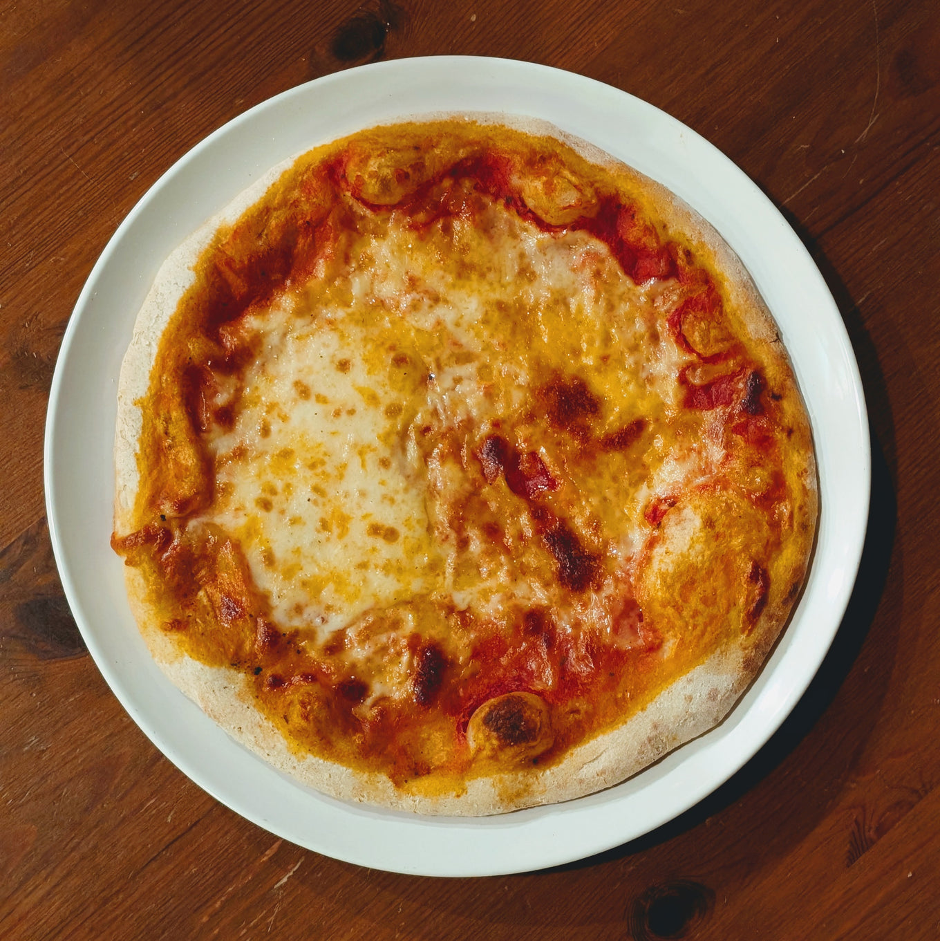 Margherita pizza on a white plate, top-down view showing melted mozzarella and tomato sauce on a wooden table.