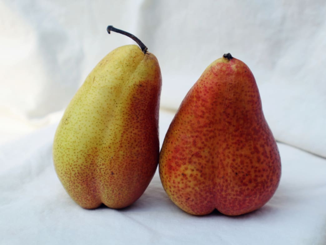 Two ripe pears, one yellow and one red, on a light background.