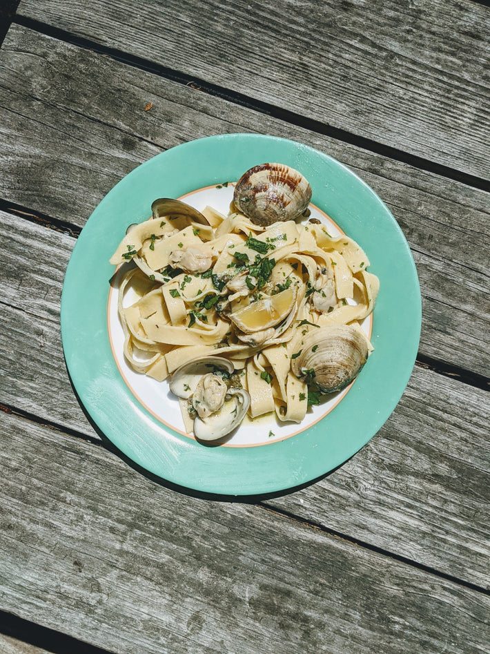 Plate of Wildgrain Fettuccine with clams and herbs