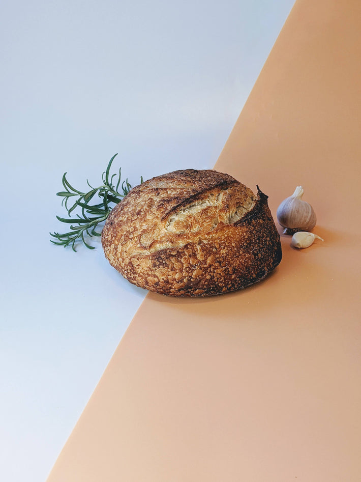 Sourdough bread with garlic and rosemary on a peach background