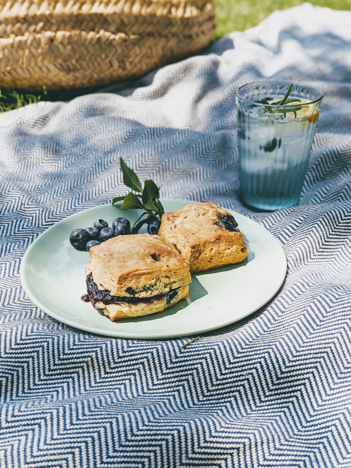 Blueberry biscuits on a green plate with blueberries and a glass of water on a picnic blanket