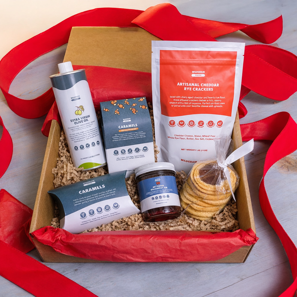 Gift box with snacks and a bottle, surrounded by red ribbons on a light background