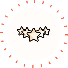 Three stylized stars in circular badge with radial dots; center star highlighted