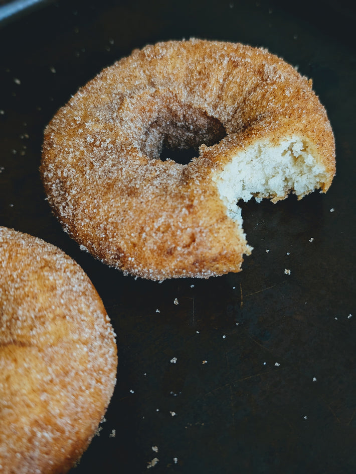 Apple Cider Donuts (6-pack) on a dark surface, one with a bite taken out.