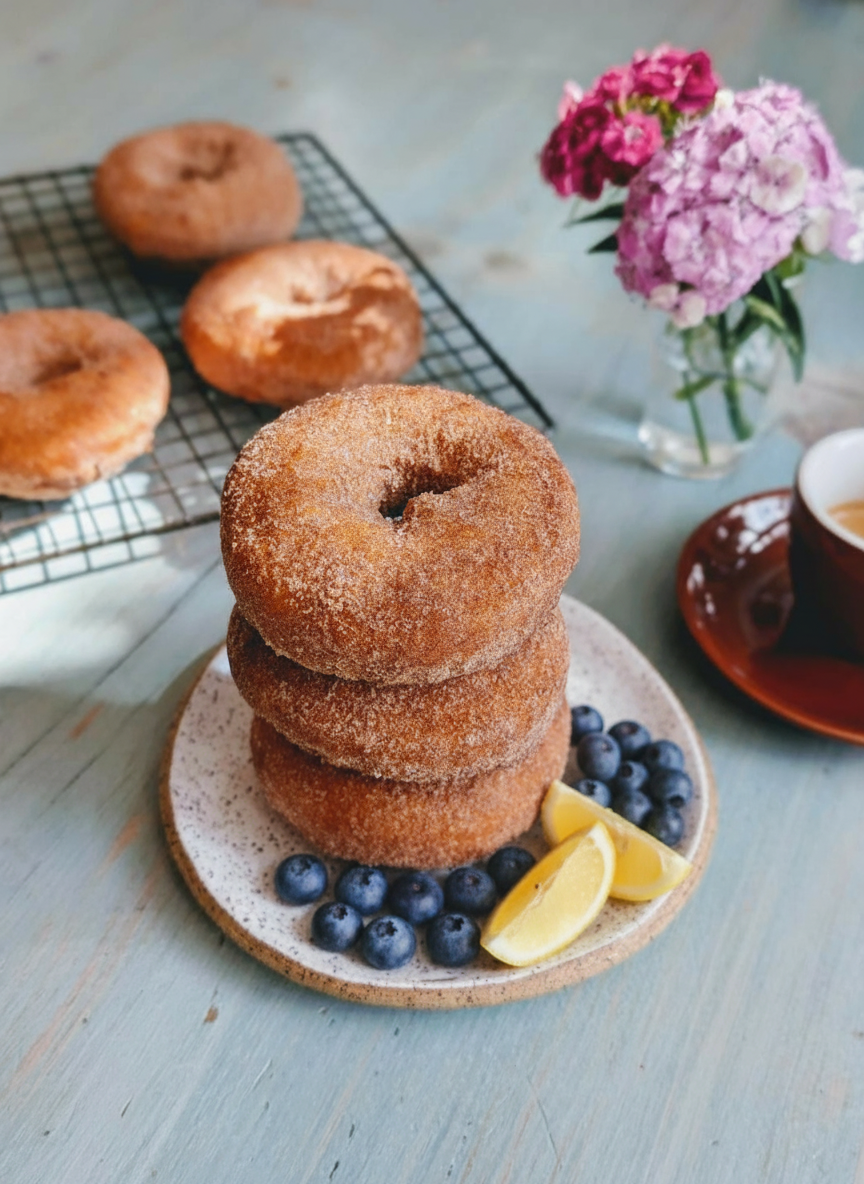Stacked cinnamon-sugar donuts on a plate with blueberries and lemon wedges, beside a coffee cup and vase of pink flowers.