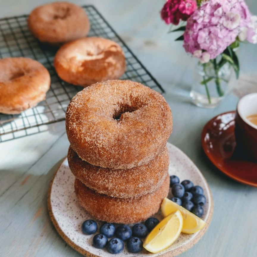 Three cinnamon-sugar donuts stacked on a speckled plate with blueberries and lemon wedges; cooling rack, coffee cup and flowers behind.
