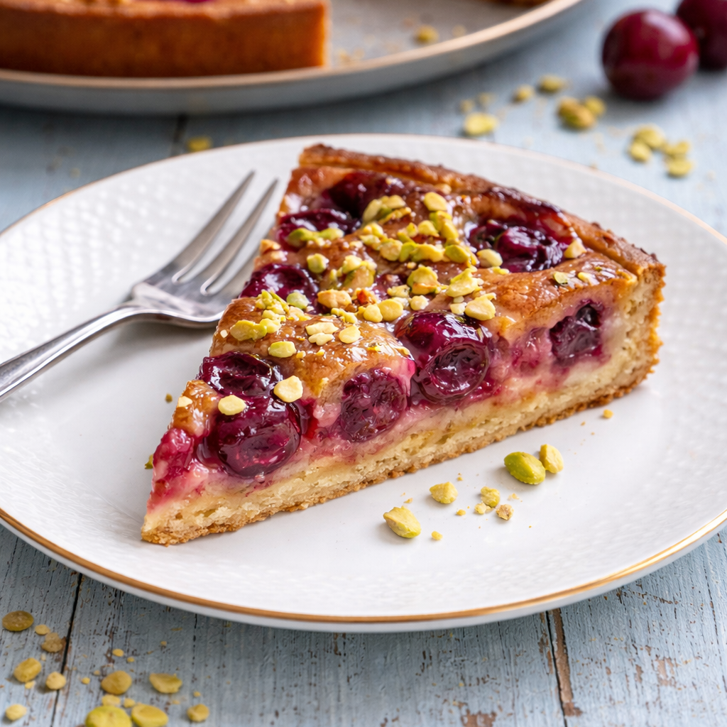Slice of cherry pie with pistachios on a white plate with a fork, on a light wooden table.