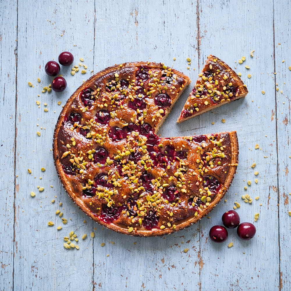 Cherry pie with a slice removed on a wooden surface