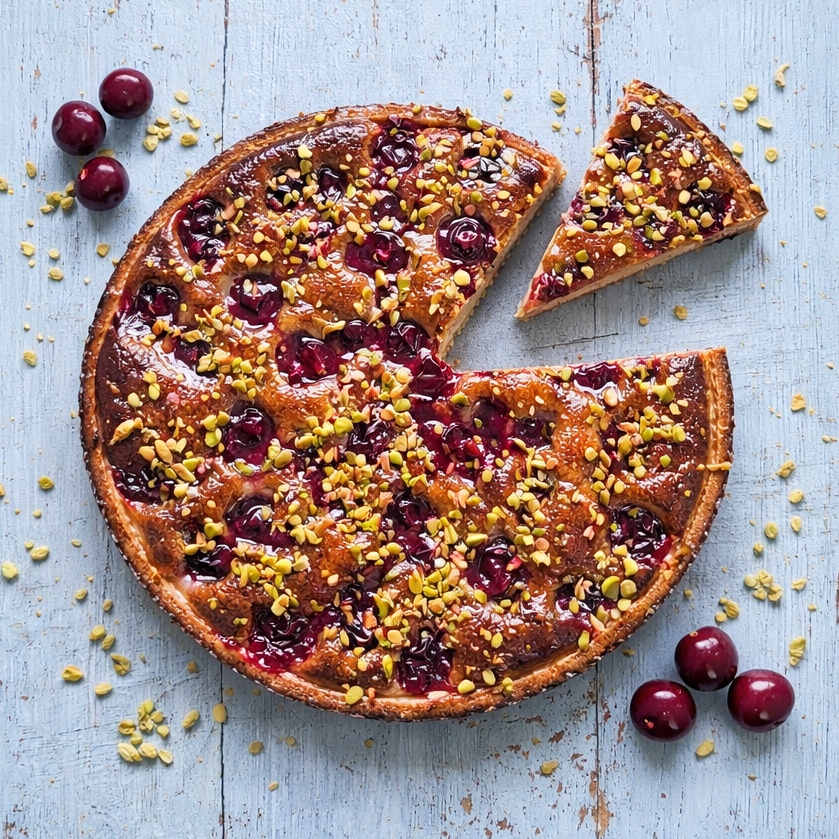 Cherry pie with a slice removed on a wooden surface