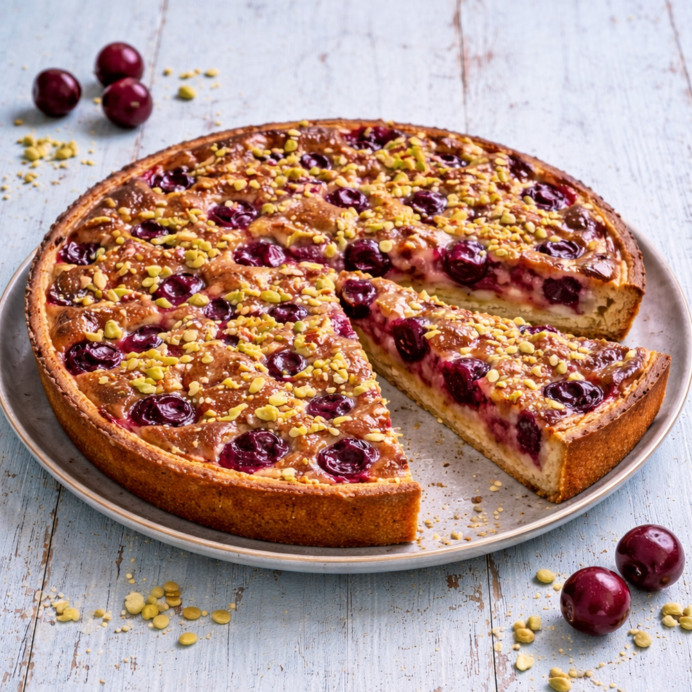 Cherry cake with a slice removed on a plate, surrounded by cherries and pistachios on a light wooden surface.