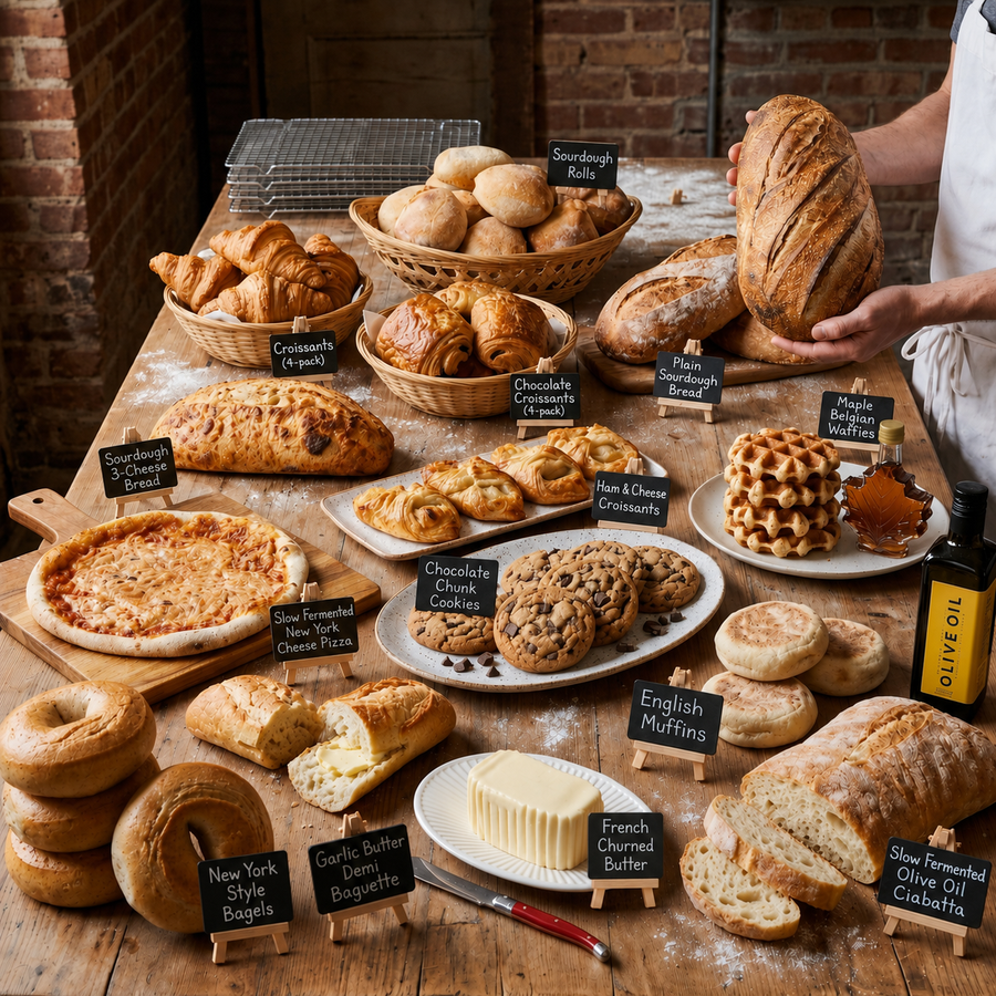 A rustic bakery table laden with assorted breads, croissants, bagels, muffins, English muffins, and pastries, with handwritten labels identifying each item. A person in a white apron is partially visible on the right holding a loaf.