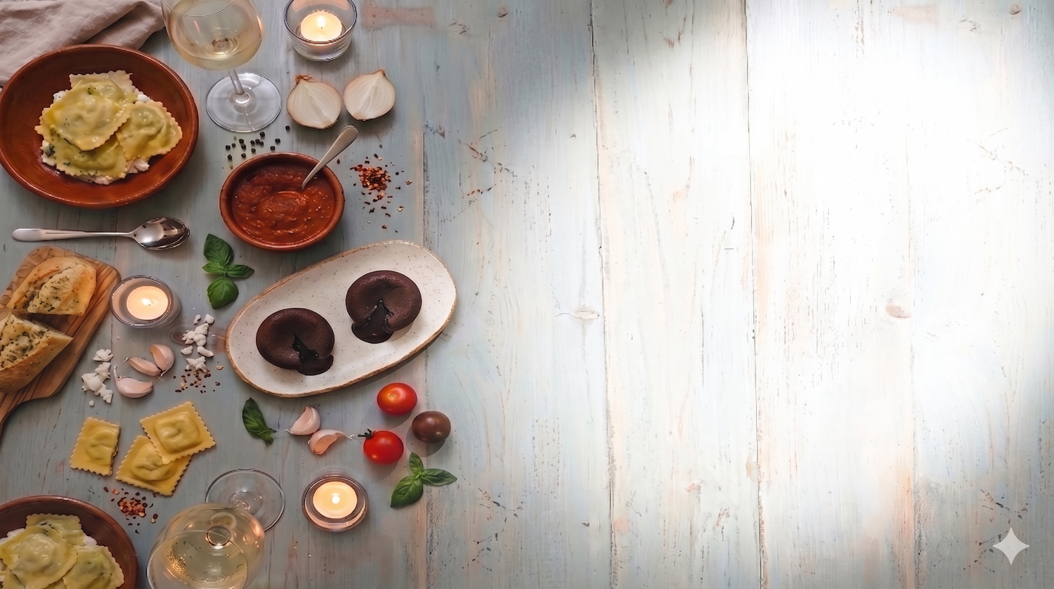 Date night table with garlic butter baguette, ravioli in marinara, two lava cakes, wine and candles on a wooden table