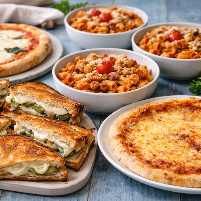 Closeup of pasta bowls, cheese pizzas, and sliced grilled cheese highlighting melted cheese and golden crust on a blue table