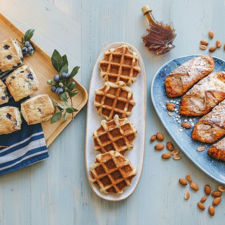 Breakfast spread: blueberry scones, round waffles, almond-topped pastries, scattered almonds and maple syrup.