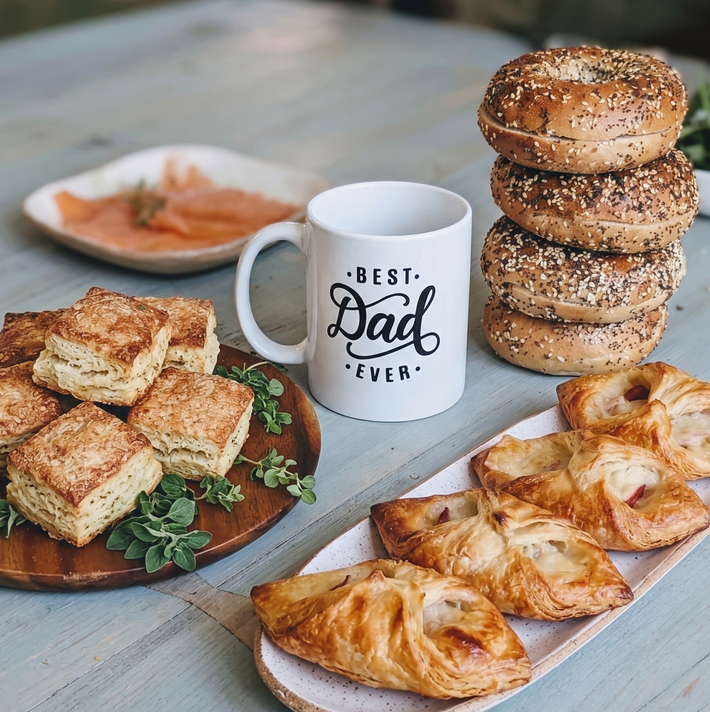 Top-down angle of Father's Day bundle showcasing stacked everything bagels, ham and cheese croissants, Parmesan herb biscuits, smoked salmon, and a mug reading 'Best Dad Ever'.