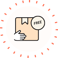 Hand holding a delivery package with a 'FREE' badge inside a dotted circular frame