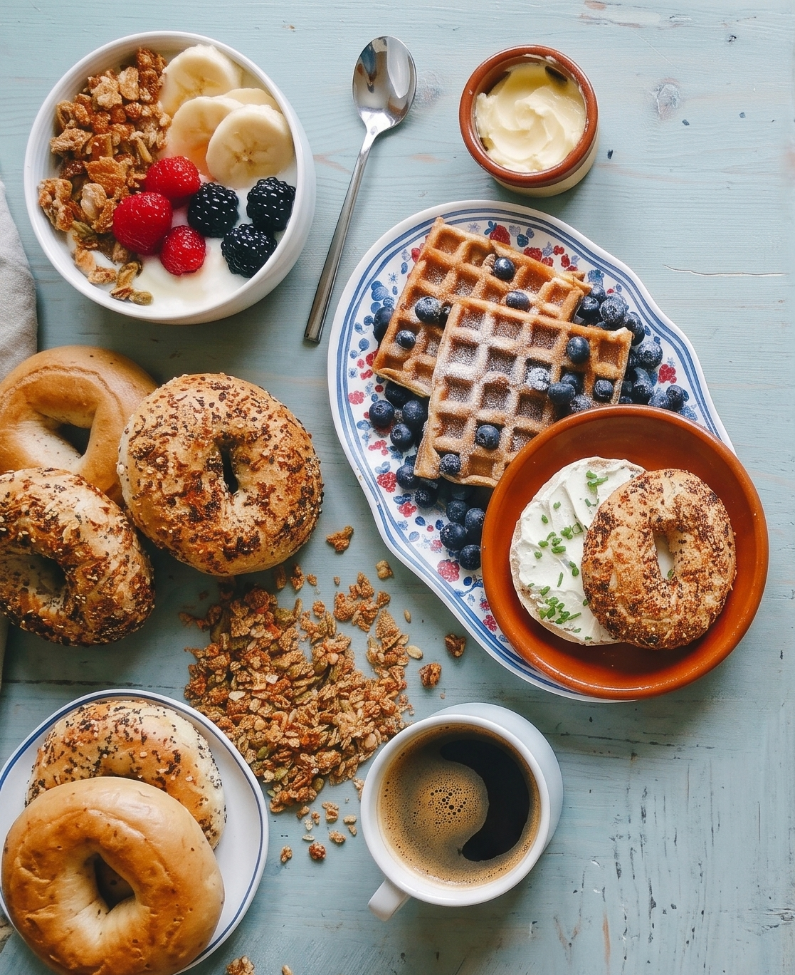 Overhead view of a gluten-free breakfast spread with bagels, blueberry waffles dusted with powdered sugar, yogurt topped with granola and fresh berries, and a cup of coffee on a pale blue wooden table