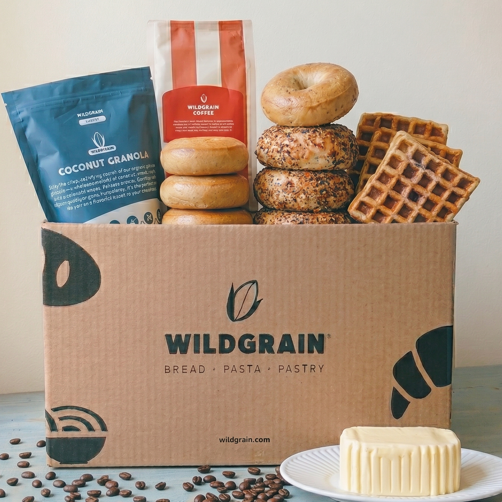 Front view of Wildgrain gluten-free breakfast box with stacked bagels, waffles, granola pouch, coffee bag, and butter