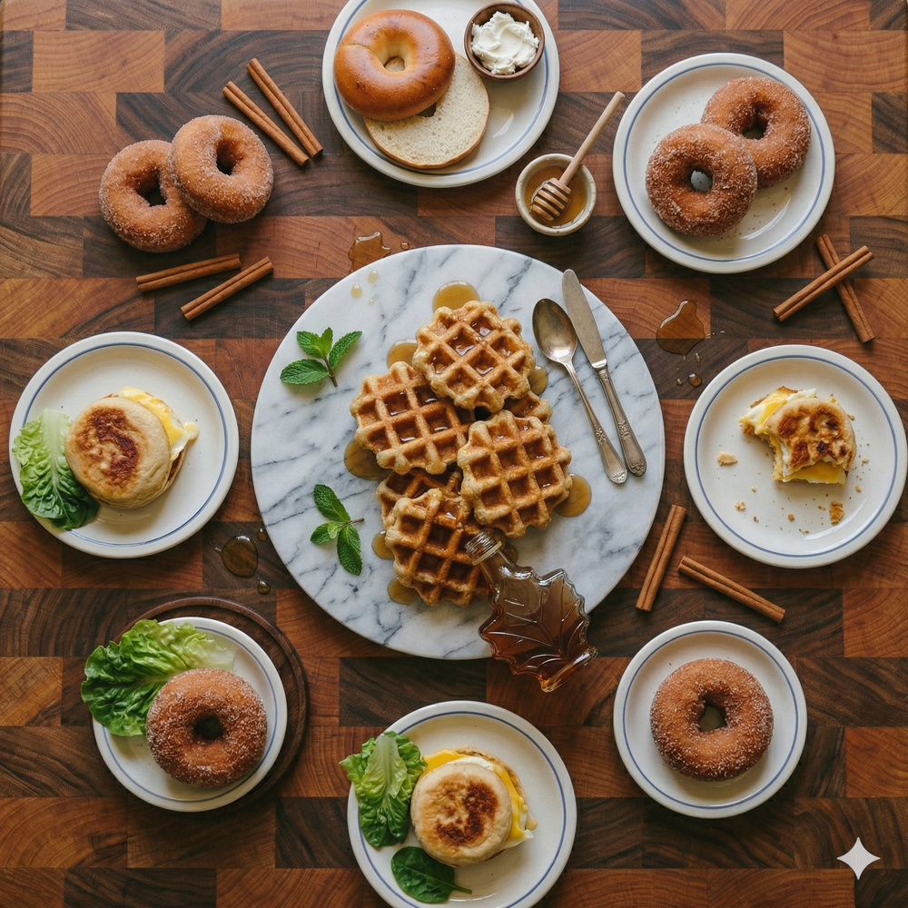 Overhead of mini waffles on a marble board surrounded by sugared donuts and egg English muffin sandwiches on a wooden table