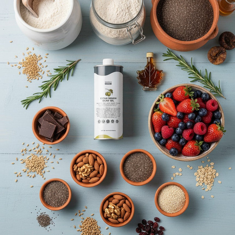 Top-down: can of oil centered among bowls of berries, nuts, seeds, chocolate, jars of flour, and rosemary on blue table.