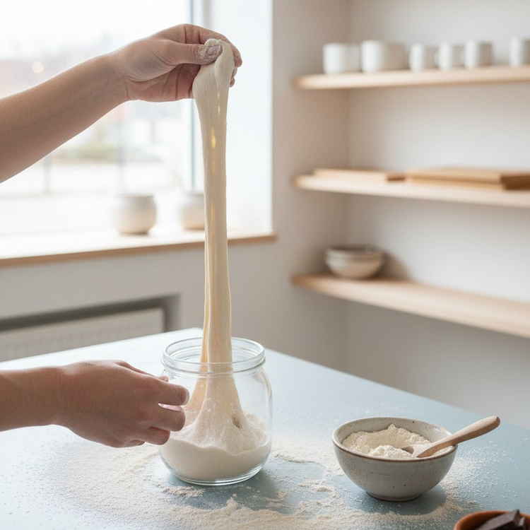Hands stretching sticky dough into a glass jar on a floured countertop; bowl of flour and wooden spoon, shelves in background