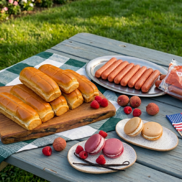 Front view of Independence Day Bundle with 8 beef hot dogs, 8 slow-fermented buns, and raspberry-lychee and vanilla macarons