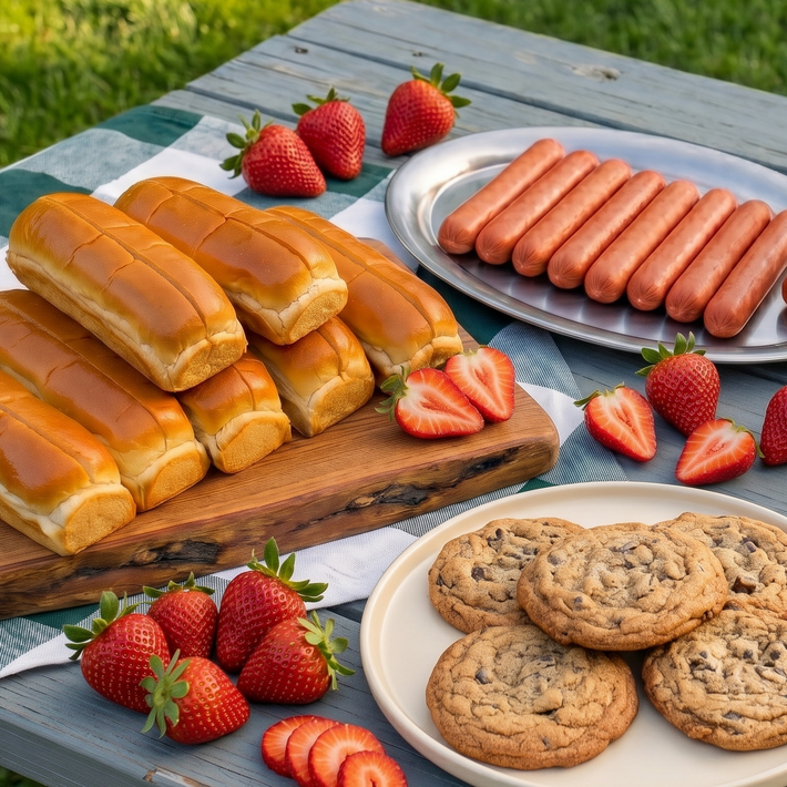 Labor Day food spread with hot dog buns, sausages, chocolate chip cookies, and strawberries outdoors