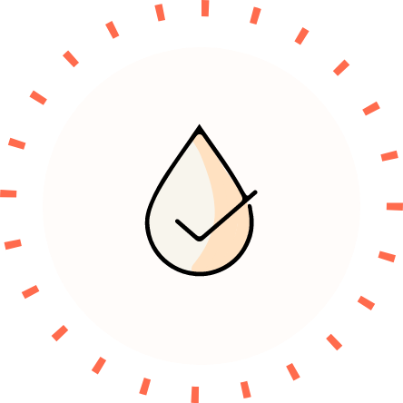 Water droplet with checkmark inside centered on pale circle and orange tick marks around the perimeter