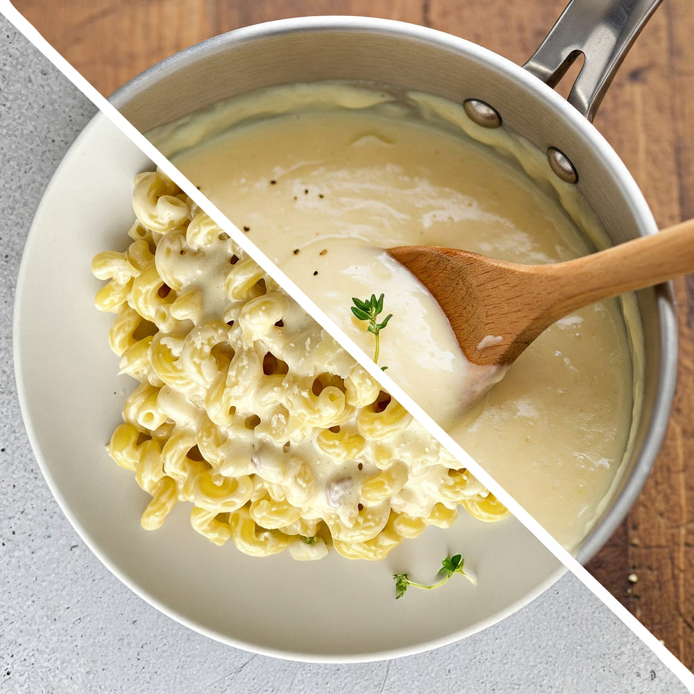 Split view: bowl of cavatappi in creamy cheese sauce (left); saucepan of melted cheese with wooden spoon and thyme (right).
