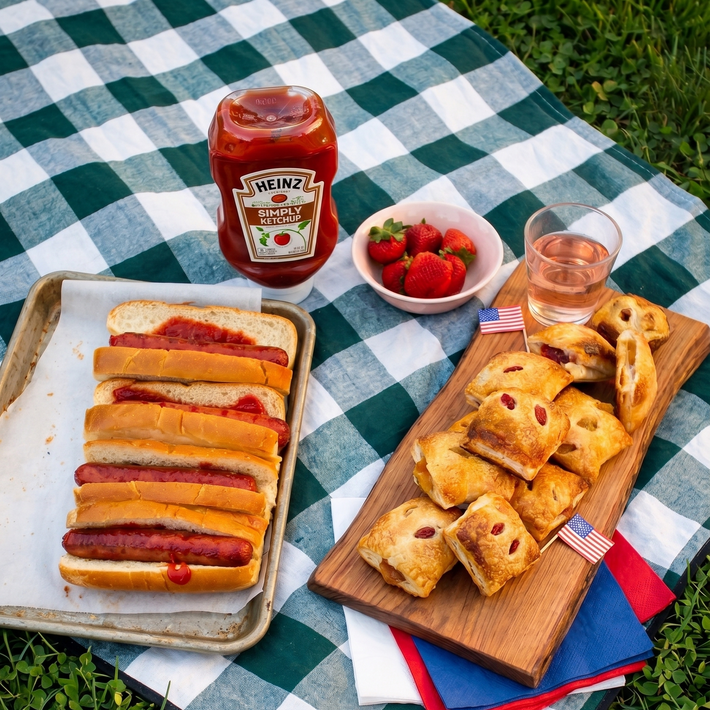 Hot dog buns and pastries on a green-and-white checkered picnic blanket outdoors, served with strawberries and a ketchup bottle