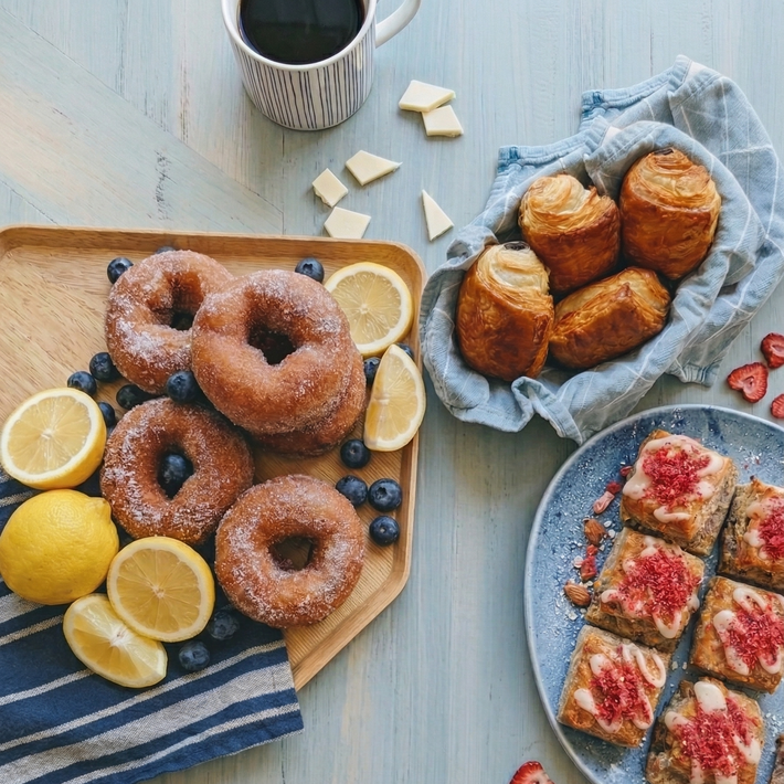Overhead view of Mother's Day Brunch Bundle with donuts, croissants, and strawberry biscuits on light blue table