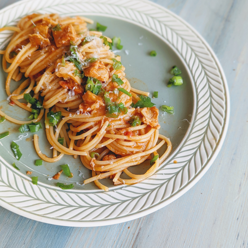 Spaghetti with tomato sauce, chicken pieces, grated cheese and chopped green onions on a decorative plate.