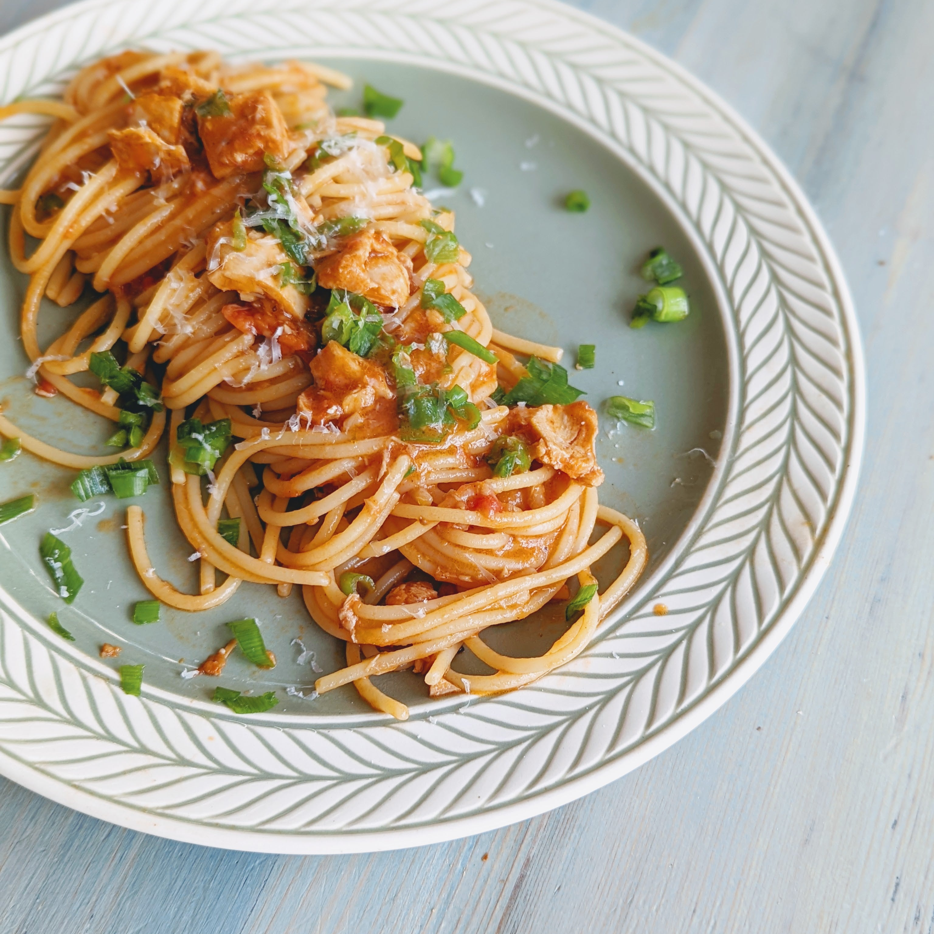 Spaghetti with tomato sauce, chicken pieces, grated cheese and chopped green onions on a decorative plate.