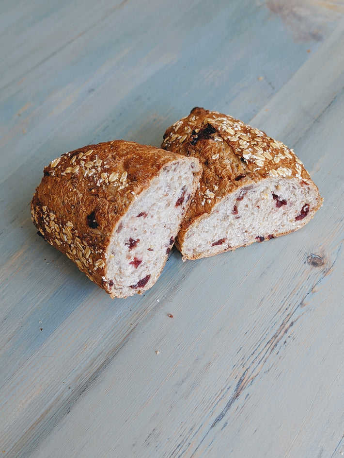 Cranberry-Pecan Sourdough Loaf, sliced, showing texture and ingredients