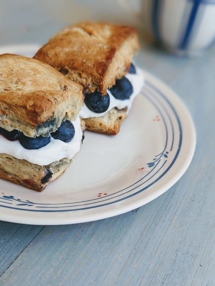 Blueberry biscuits with cream and blueberries on a plate