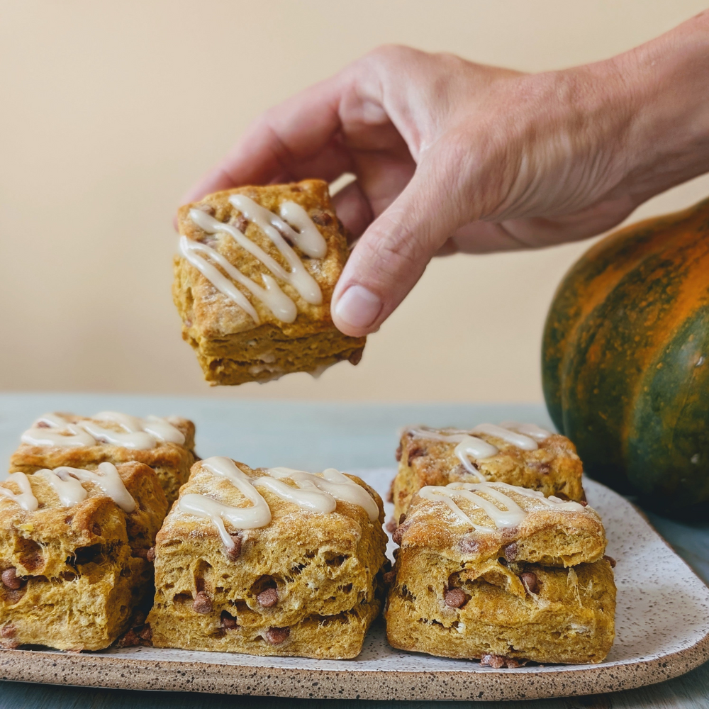 Hand picking up a glazed pumpkin chocolate-chip scone from a tray; more scones and a pumpkin in the background.