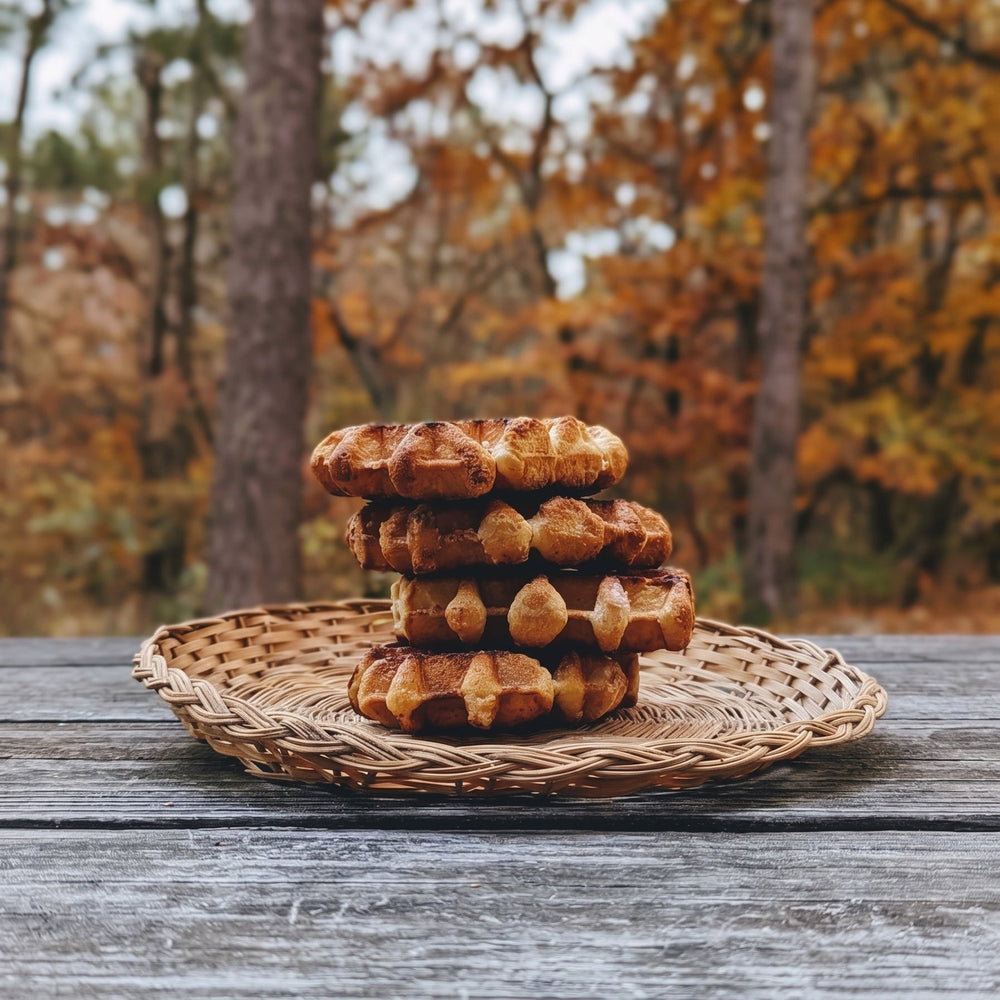 Front view of Pumpkin Spice Belgian Waffle 6-pack showcasing stacked waffles with an autumn forest background