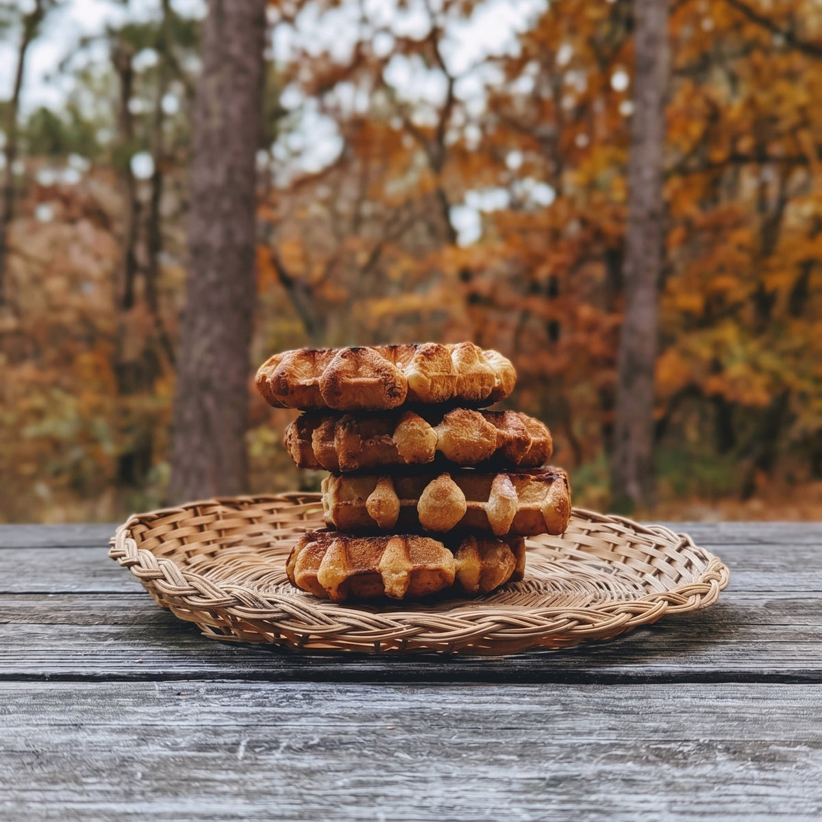 Front view of Pumpkin Spice Belgian Waffle 6-pack showcasing stacked waffles with an autumn forest background