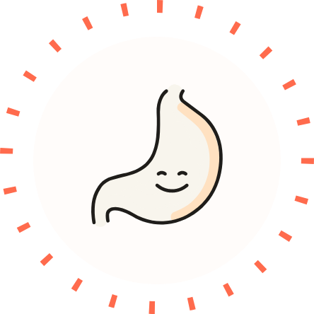 Smiling stylized stomach icon centered in a white circle with red radial dashes around the edge.