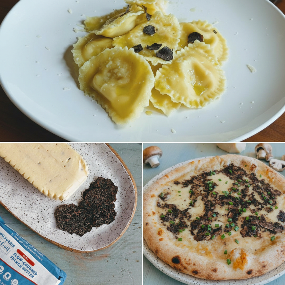 Collage: truffle ravioli on a white plate; cheese with shaved black truffle and packaging; truffle pizza with herbs.