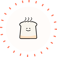 Illustration of a smiling slice of bread with steam, representing quick meal preparation.