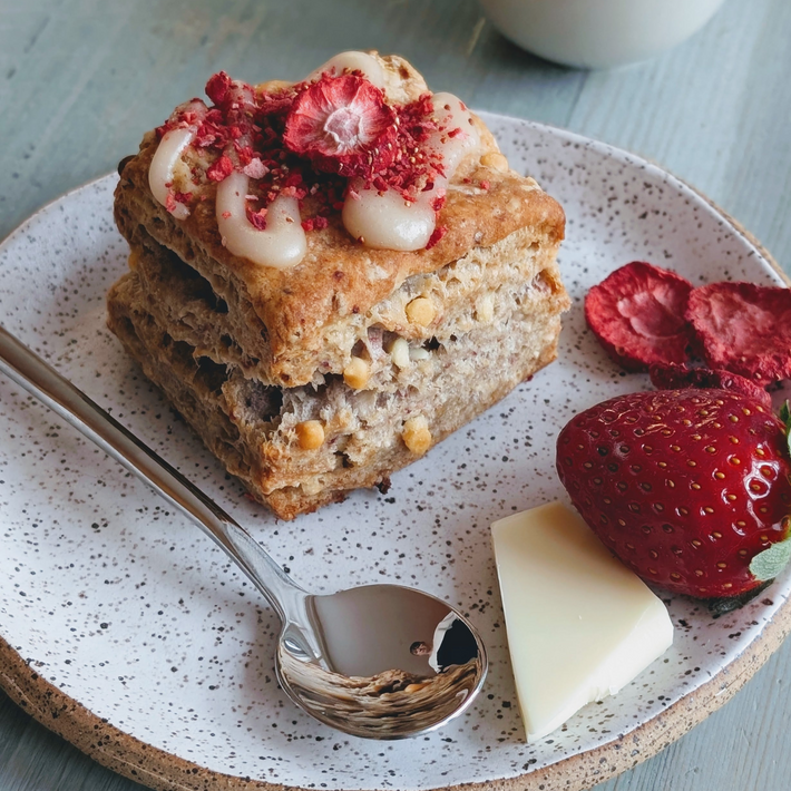 Strawberry white chocolate biscuit stack with glaze and freeze-dried strawberries on a speckled plate