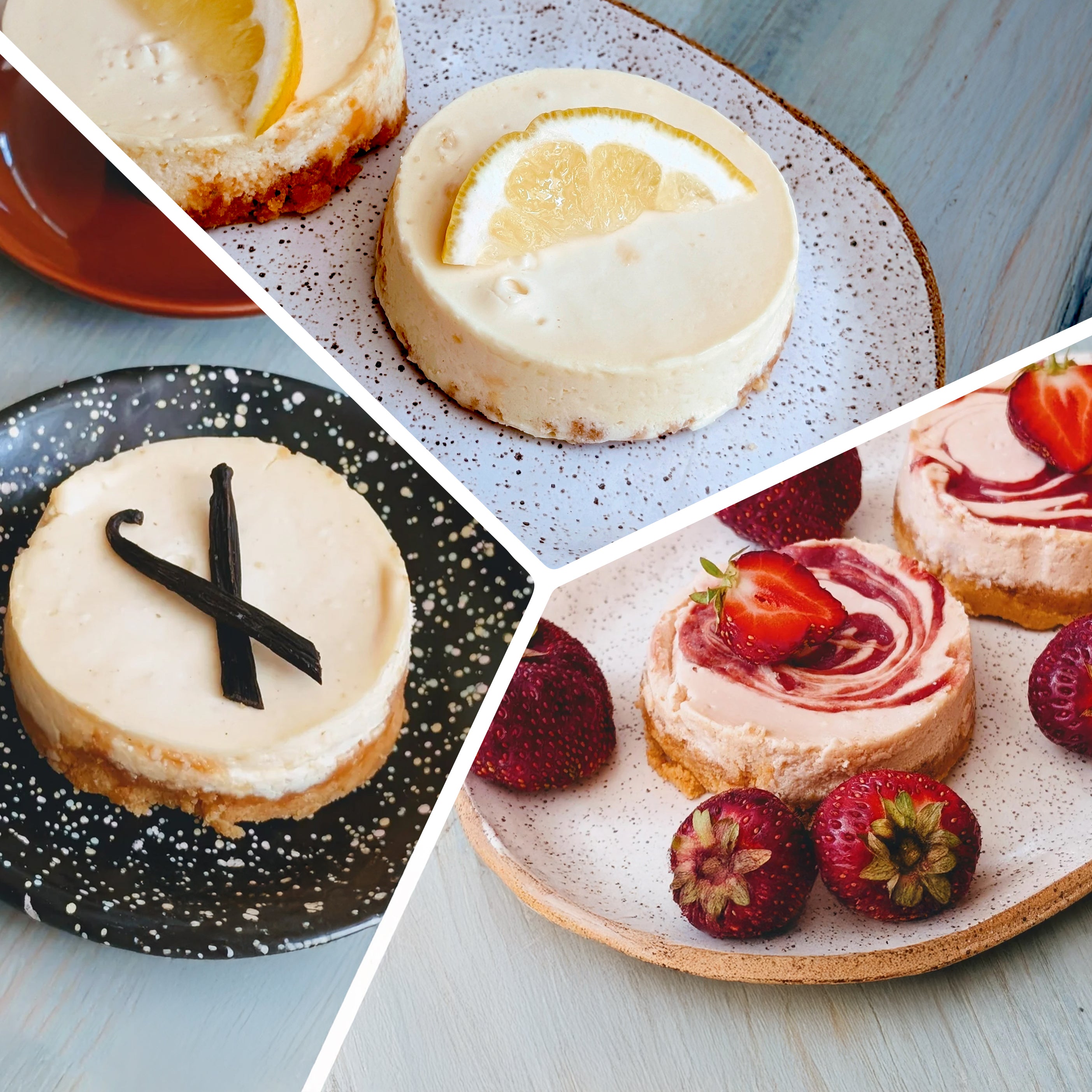 Four mini cheesecakes on speckled plates: lemon-topped, vanilla with vanilla beans, and strawberry swirl with fresh berries.