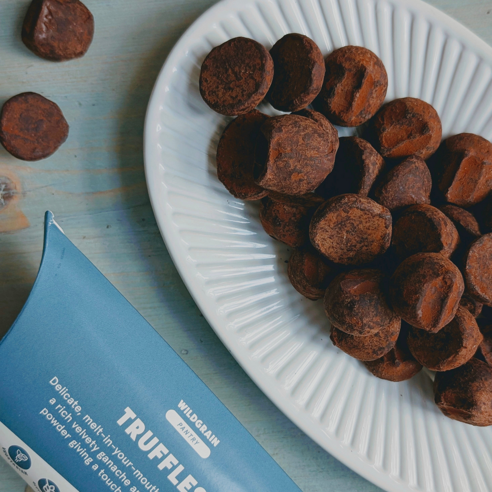 Truffles on a white plate with a Winktum box on a light blue background